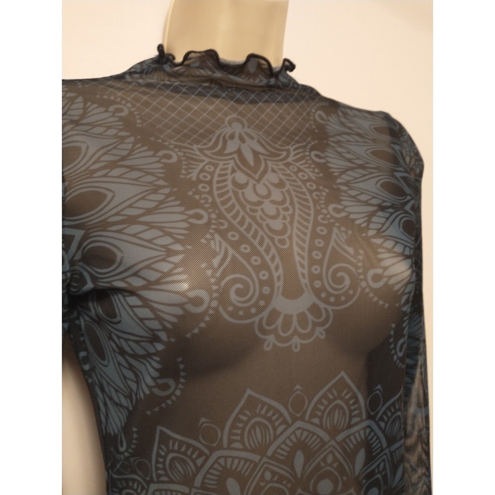 Exotic Mesh Bodycon Beach Dress Mandala Boho Mock Neck Bell Sleeve Teal Party - Picture 9 of 10